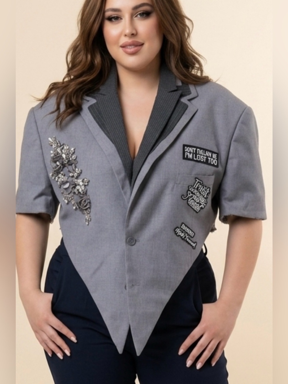 Upcycled Grey Embellished Short Sleeve Pinter hem collared Blazer size 1x2X